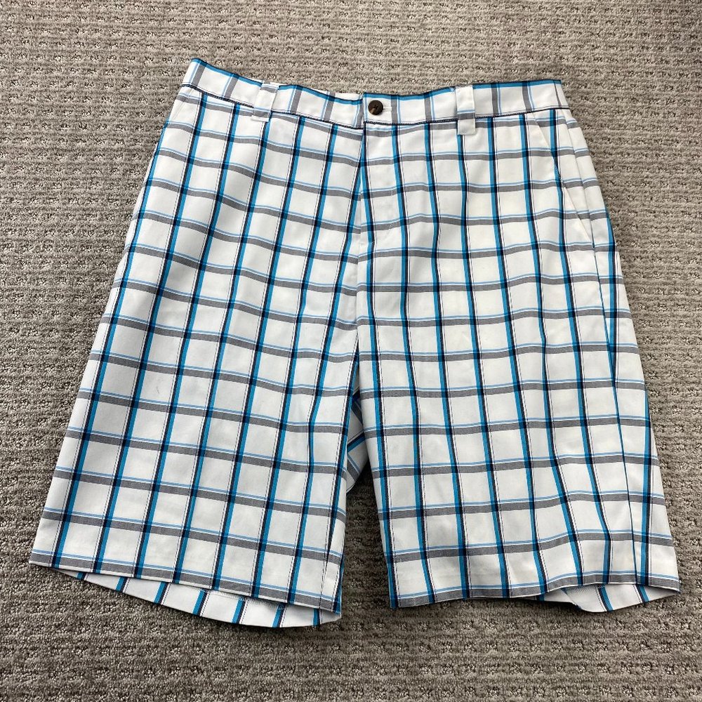 Adidas Golf Shorts Men 34 Chino White Blue Gray Plaid Outdoor Casual Preppy